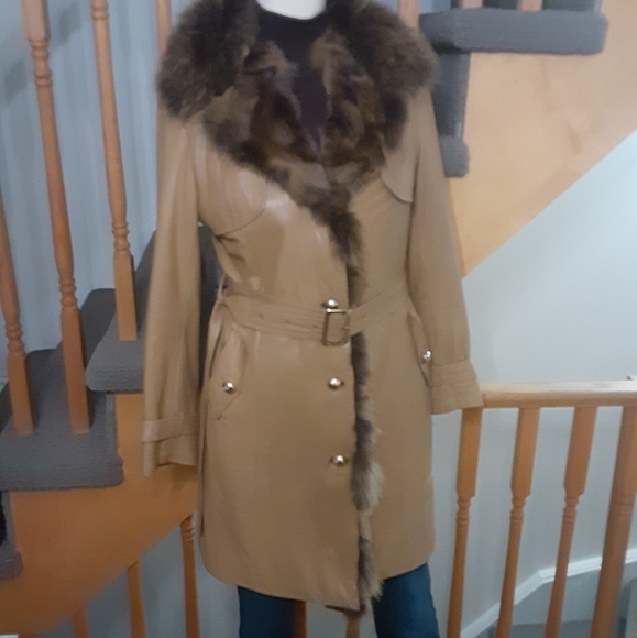 Bordigy Genuine Brown Leather/ Fur Midlength Coat- Women's Size S/M - Picture 1 of 13